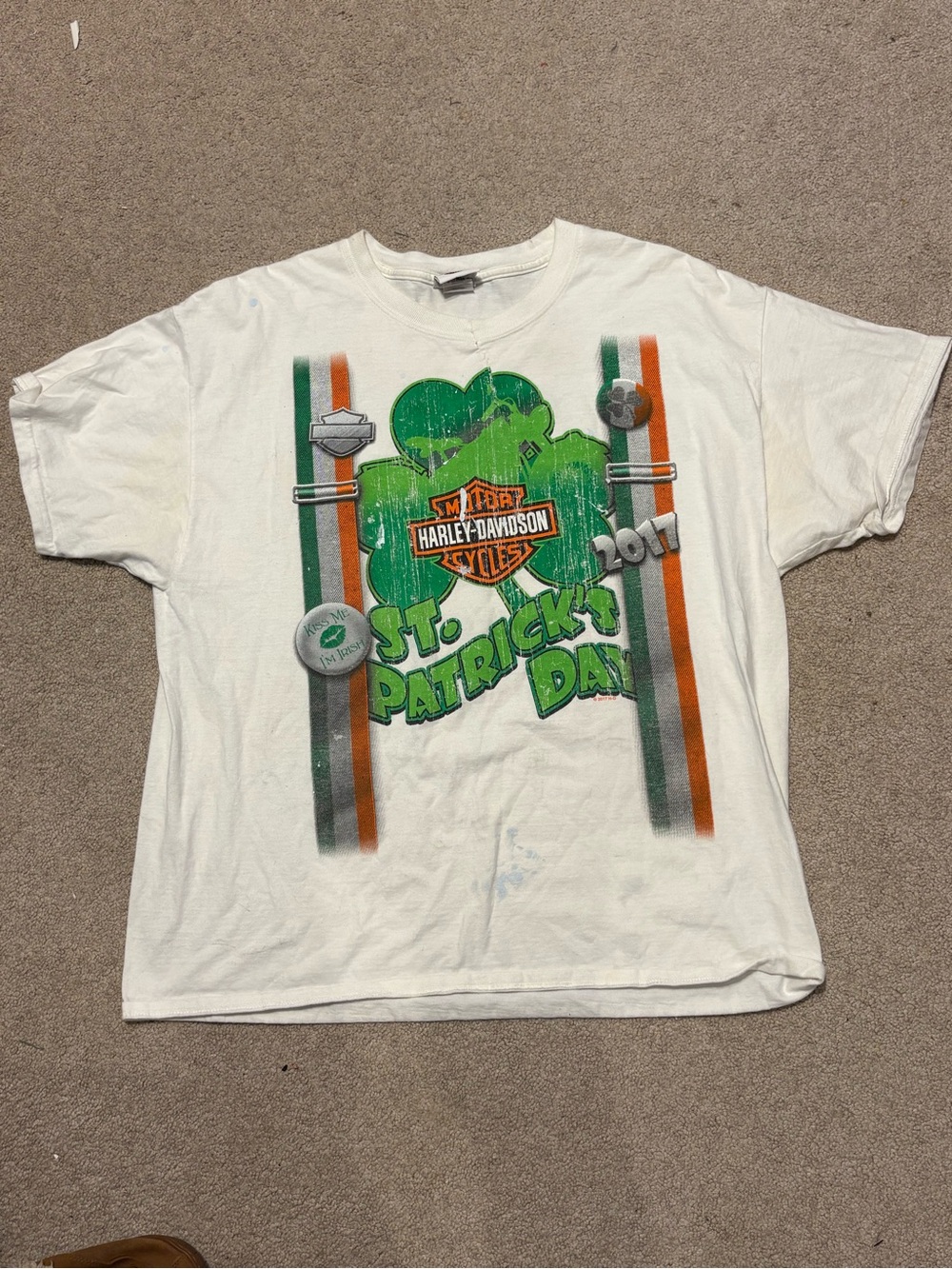 Harley-Davidson White Tee with Green & Orange St. Patrick's Design